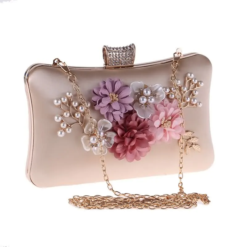 Luxy Moon Apricot Floral Velour Clutch Bag for Wedding with Chain Front View