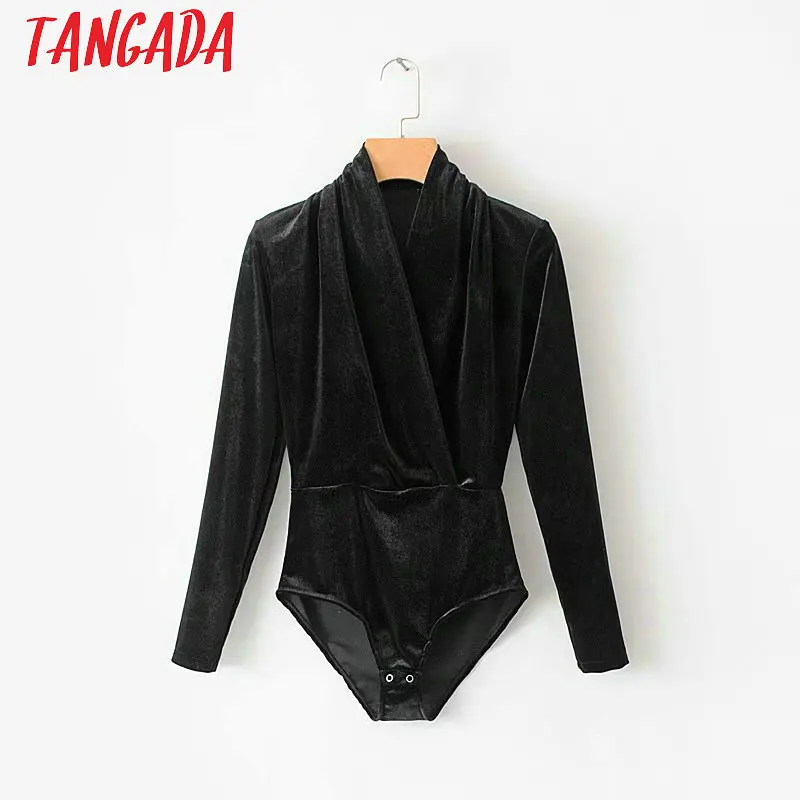 

Tangada Fashion Long Sleeve Sexy Bodysuit For Women Body Suit Velvet V-neck Ladies Female Jumpsuit Romper Playsuit PDL26
