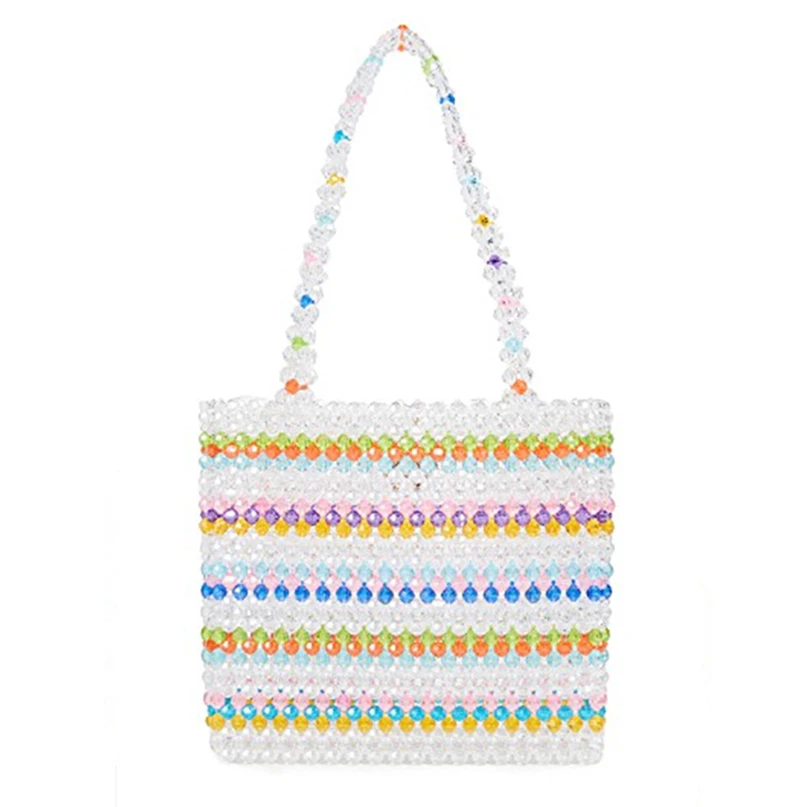 

2019 New Women's Acrylic Beaded Handbag Summer Color Striped Transparent Totes Clear Bag Handmade Woven Cute Rainbow Beach Bags