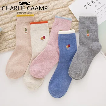 

5Pieces/lot Women Socks Autumn Winter New Embroidery Mushroom Cactus Cotton Socks Ladies Cute Casual Wild Student Socks S245