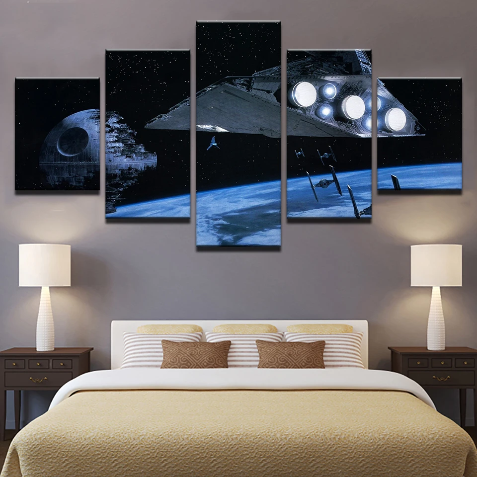 Us 5 53 44 Off Moderne Leinwand Abstrakte Bilder Home Decor 5 Stucke Star Wars Todesstern Gemalde Hd Druckt Flugzeug Poster Wandkunst Rahmen In