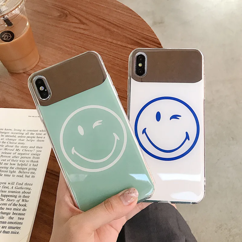 

BONVAN For iPhone X XR XS Max Case soft Smiley face mirror Protection Back Funda For iPhone 6 6s 7 8 Plus Phone Cover Coque