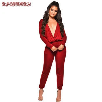 

RAISEVERN Jumpsuit Women 2019 Autumn Spring Solid Elegant Deep V Neck Rompers Overalls Sexy Bodysuit Casual OL Club Party Wine