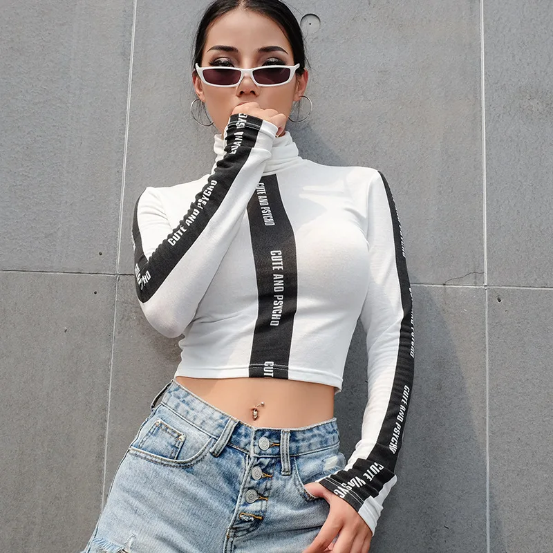 

Patchwork Contrast Stripe Sexy Letter Print Cute Turtleneck Long Sleeve Bandage Crop Top Streetwear Harajuku Tee Shirt T-Shirt