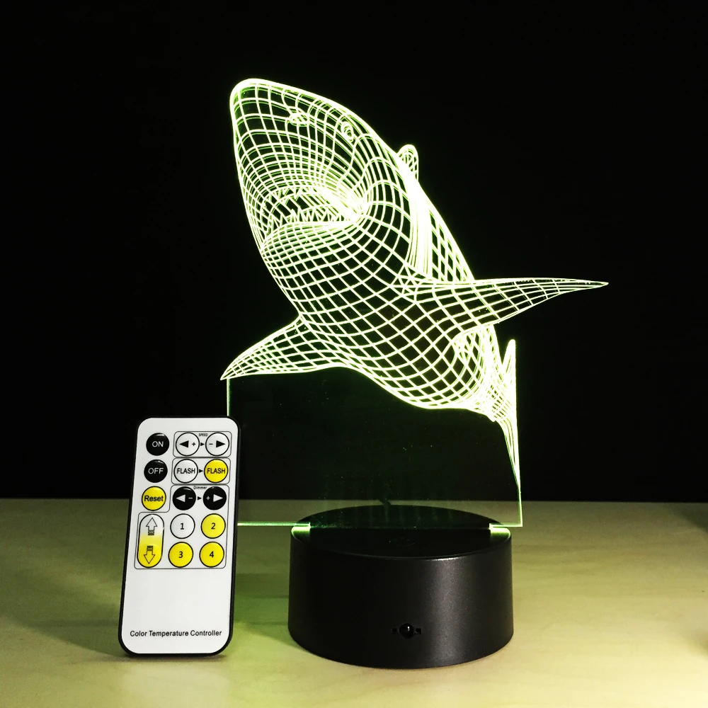  3D Shark Night Light Optical Illusion Table Light Mood Lamp Touch Remote Control 7 Colors Home Ligh - 32892947721