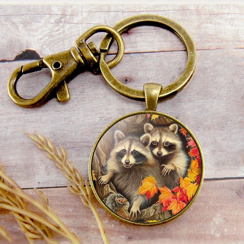 

Cute Tree Cave Raccoon Photo Key Chain Animal Key Ring Birthday Holiday Anniversary Gift Jewelry