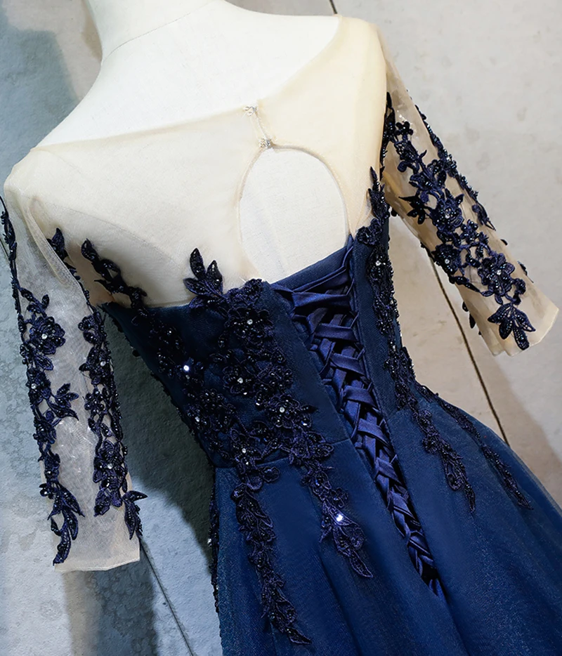 Evening Dresses Long Pretty Sexy Navy Blue O-neck Half Sleeves Beads Lace A-line Sparkle New Formal Party Gowns 2019
