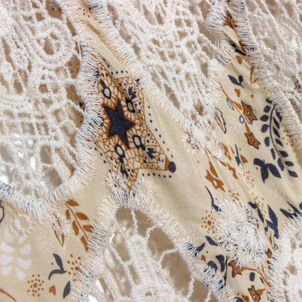 Jastie الأزهار الطباعة خليط الكروشيه الدانتيل أعلى سترة الجوف خارج بوهو الهبي غير المتماثلة كيمونو سترة أعلى الشاطئ التستر قمم