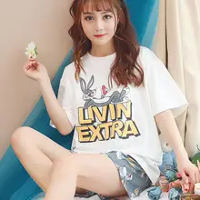 2 шт./компл., новые повседневные милые шорты с коротким рукавом, женская летняя Пижама, плюс размер, хлопковый Женский комплект для отдыха с круглым вырезом