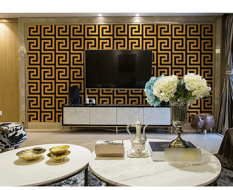 Черно-золотые геометрические обои в рулонах, черно-белые роскошные большие обои с греческим ключом, домашний декор, обои для гостиной