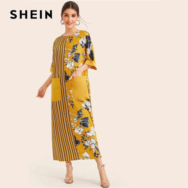 SHEIN в желтую полоску Цветочный принт Карманный исправленными Элегантная туника платье Для женщин летом с коротким рукавом женские Макси платья