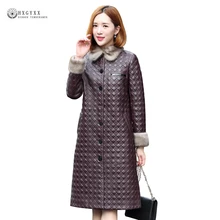 Женские куртки из натуральной кожи, зима, новинка, норковый меховой воротник, овчина, длинная верхняя одежда, Женское пальто из натуральной кожи, OK1186