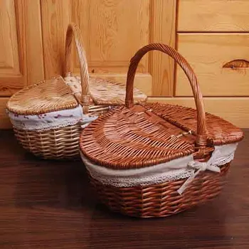 

Wicker Basket storage With Lid Food Bread Picnic Basket Hamper Woven Rattan Straw kitchen Basket Picnic Storage Basket