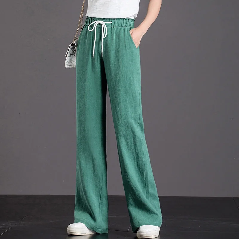 

Spring Summer Korean Style Woman Female Elastic High Waisted Orange Green White Linen Pants , Wide Leg Beige Trousers For Women