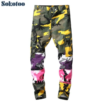 

Sokotoo Men's camouflage printed patchwork cargo pants Casual fancy color buttons fly camo pockets loose straight jeans