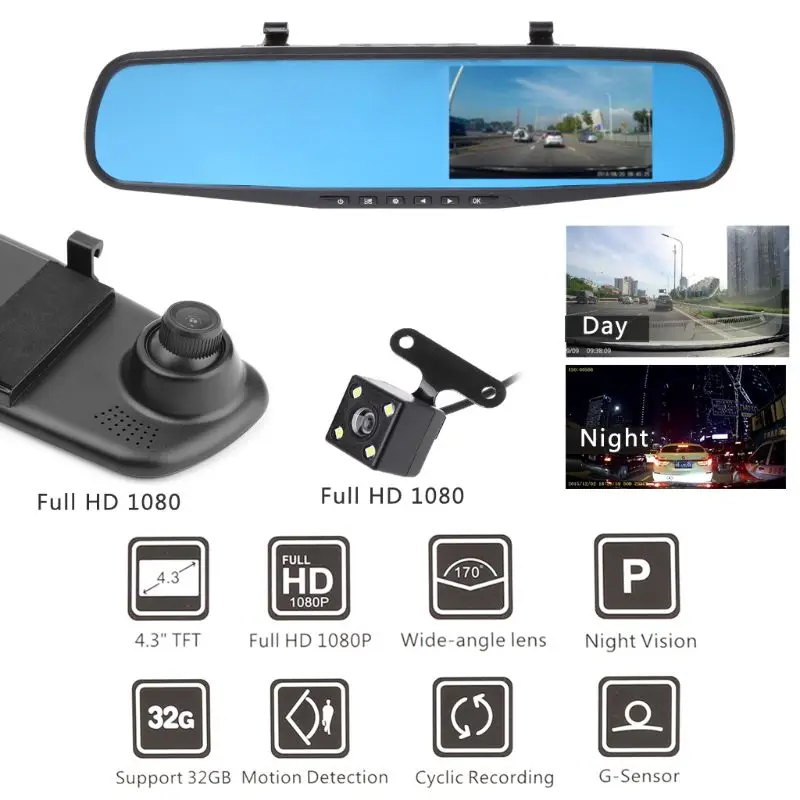 HD 1080P Dual Lens Car Auto DVR Mirror Dash Cam Recorder+Rear View Camera Kits