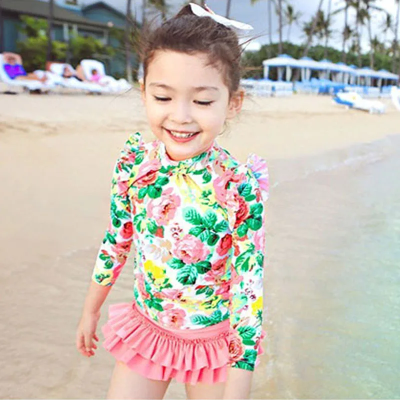 

3-15 years old girls swimsuit children Print Swimwear Summer Beach Bathing Suit Children long sleeves Kids Girl Swimsuit G001