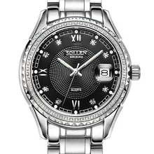 SOLLEN high quality diamond quartz watch business men watch waterproof stainless steel strip calendar Luminous Wristwatches