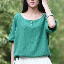 Solid White Cotton Linen O neck Women Blouse Shirts Loose Casual Summer Shirt Blouse Brand Design