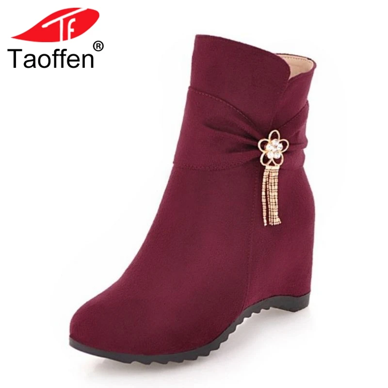 

TAOFFEN New Arrival Zipper Flock Ankle Boots Round Toe Autumn Winter Boots Women Elegant Solid Color Wedges Shoes Woman