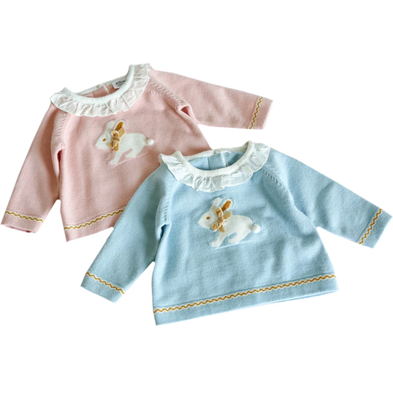 

Kids Knitted Pullover Ruffles Girls Sweater Infant Sweaters Sweet Rabbit Sweater Pink Blue Baby Girls Knit Tops Toddler Clothes