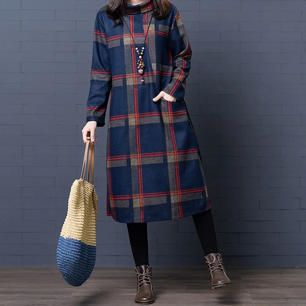 

Fashion Women Vintage Dress Plaid Printed Long-Sleeve Turtleneck Casual Large Size Dress Loose Casual female clothing Vestidos