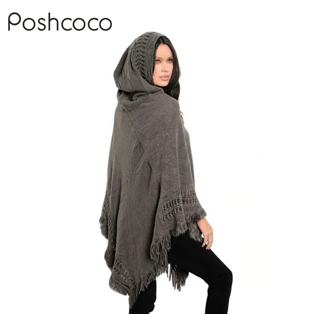 Casual Loose Knitted Hooded Solid Hollow Tassel Women Poncho Shawls