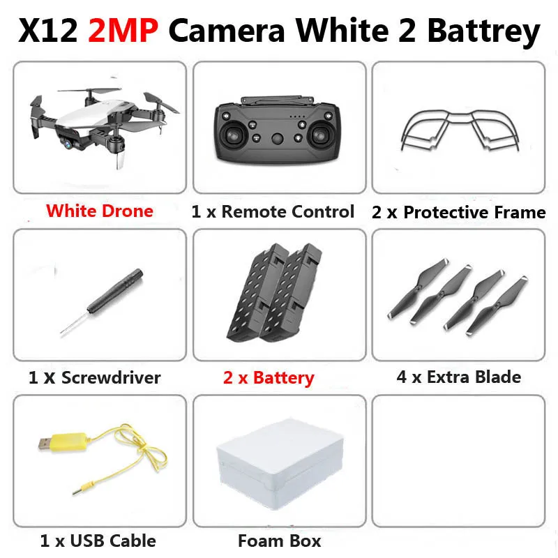 X12 WiFi FPV Mini Foldable Drone Camera 0.3MP 2MP HD Optical Flow Aerial Video Profissional RC Quadcopter Helicopter Toys SG106 - Цвет: 2MP White 2B Foam