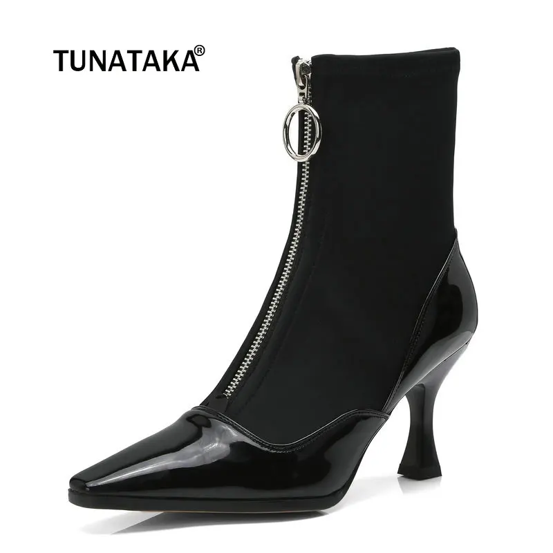 

Women Genuine Leather Thin High Heel Stretch Ankle Boots Fashion Square Toe Zipper Spring Autumn Bootie Black