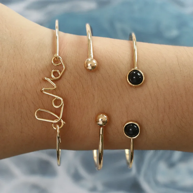 

3 Pcs/Set Gold Love Letter Charm Bracelets Bangles Simple Gold Knot Cuff Bracelet Crystal Leaf Moon Star Charm Bracelet Jewelry