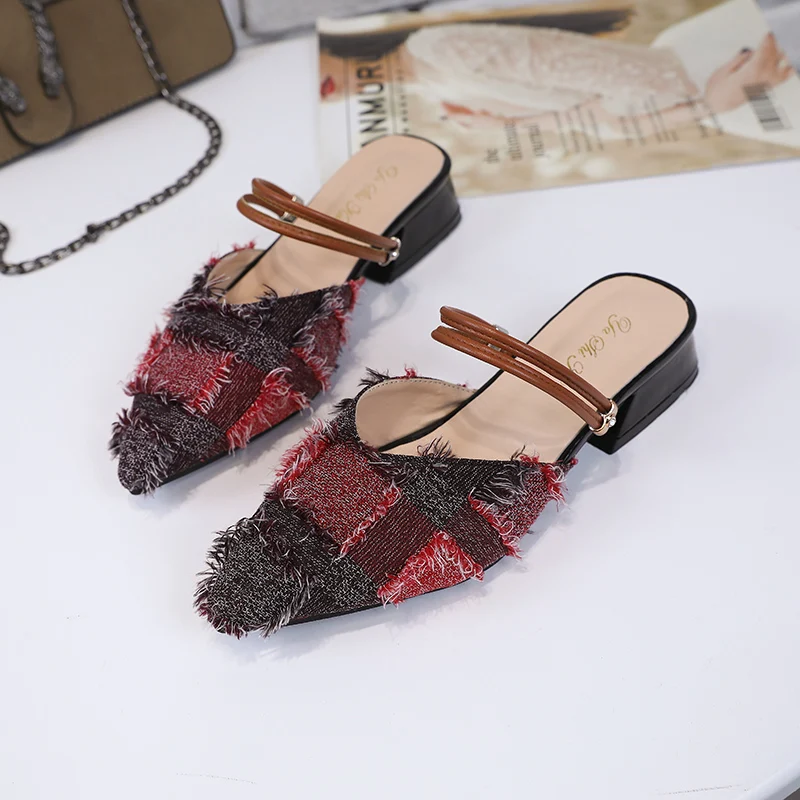 

Ladies Shoes Elegant Outside Flip Flops Women's Pointed Toe Slippers Fashion Thick With Mid Heel Slides