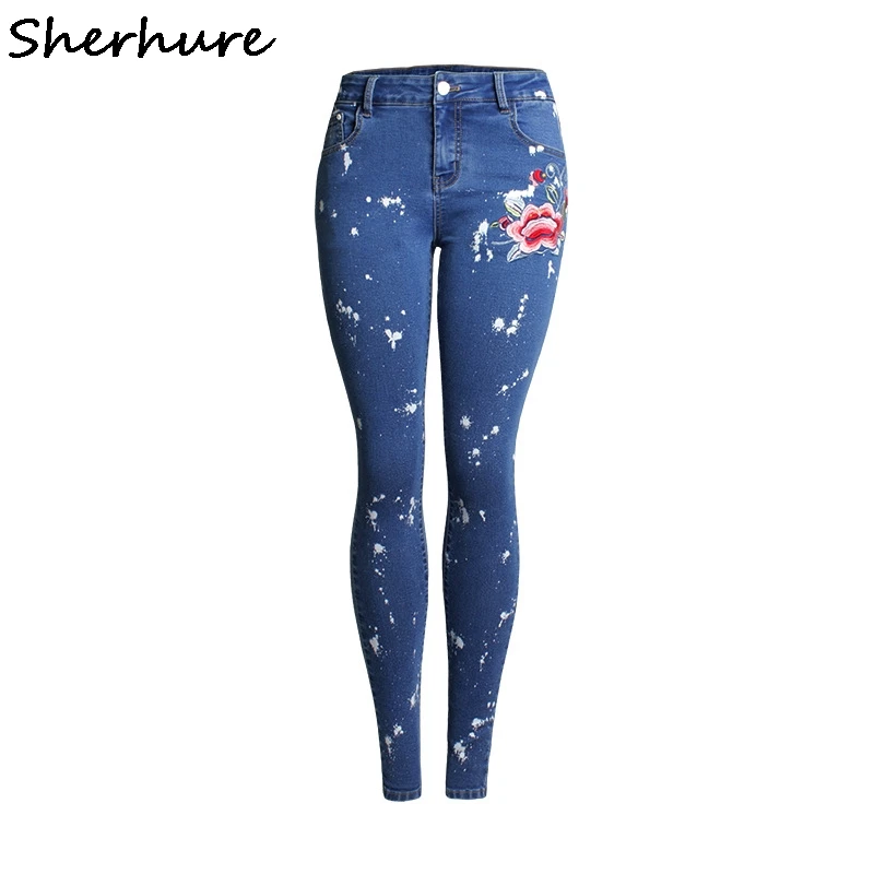 

Sherhure 2018 High Waist Plus Size 4XL Skinny Jeans Woman jeans Flower Embroidery Women Denim Jeans Autumn Pants Femme