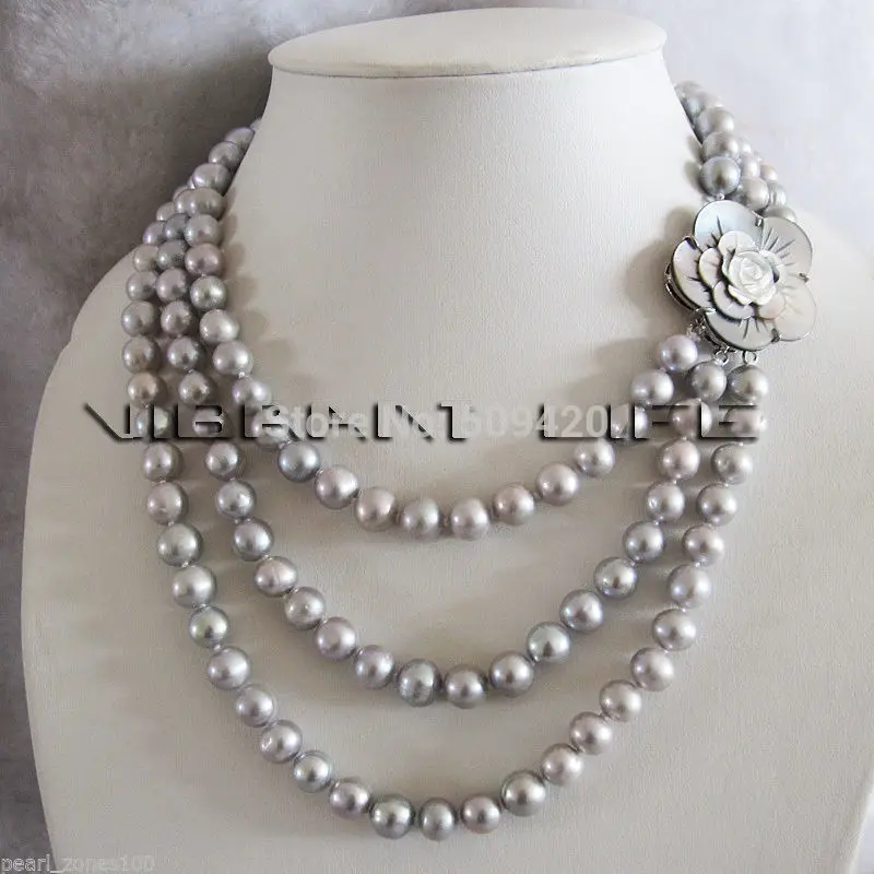 

~~ Free Shipping > 17-22" 8-10mm Gray Freshwater Pearl Necklace 3Row Wholesale Wedding