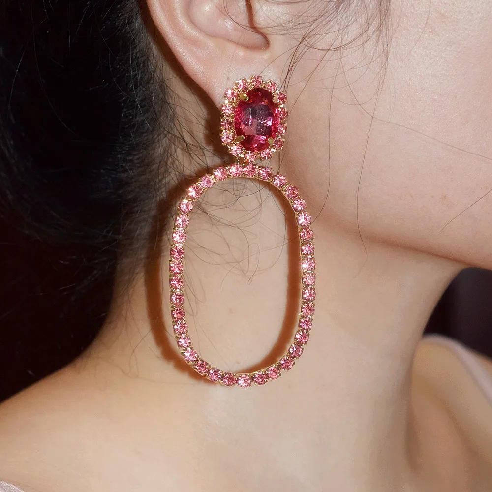 

New Shiny Hot Pink Crystal Rhinestone Dangle Earrings For Women Fashion Jewelry Maxi Trendy Statement Earrings Accessory