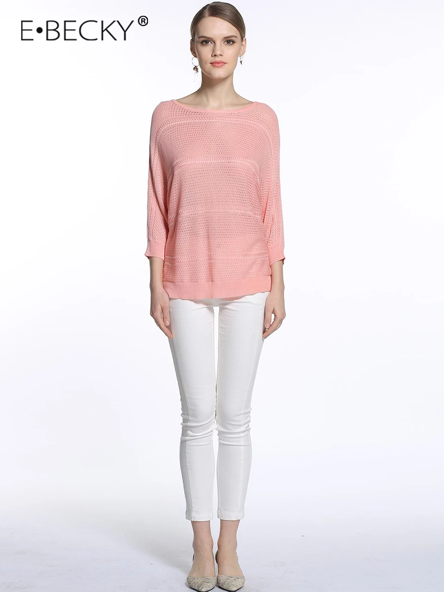 E.BECKY Pink Three Quarter Sleeve Shirt Women Solid Hollow Pullover Summer Spring Mint Color Mesh Top Long Sleeve Women Clothes