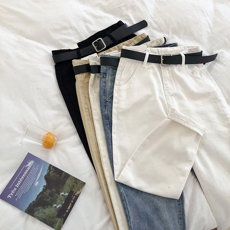 

2019 Spring Women High Waist Blue White Black Harem Trousers With Belt High Street Women Boyfriend Denim Pants
