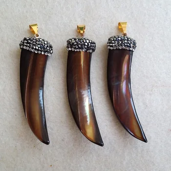 

5PCS Tusk Horn Natural shell Pendant, Rhinestone Findings Pave Rhinestone Crystal Caps,charm necklace DIY making supplies PD21