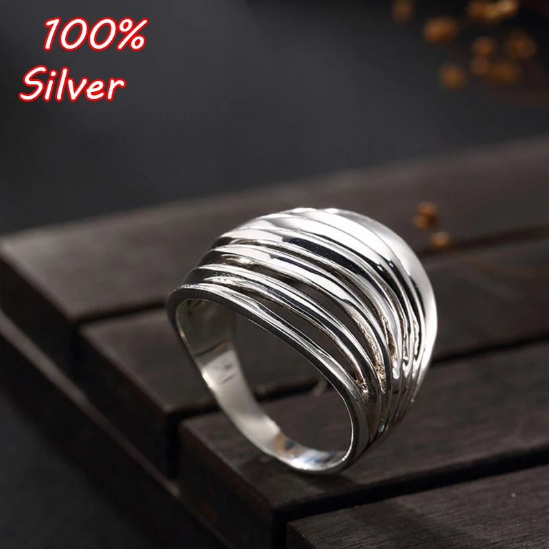 

Real 925 Thai Silver Twist Finger Rings for Women Personalized Hollow Wide Ring Fine Jewelry Handmade Bijoux