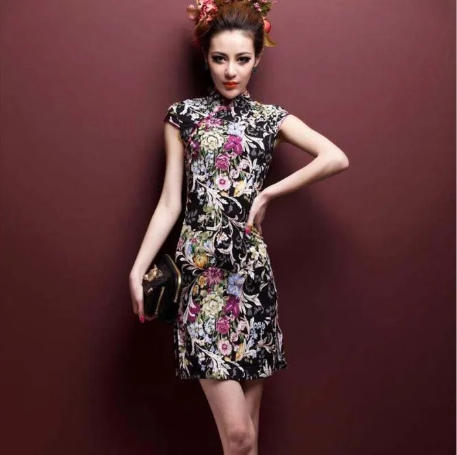 Китайские платья Ципао Cheongsam из хлопка и льна Mujer Vestidos размера плюс для женщин короткие 3XL 4XL 5XL летние Новое поступление - Цвет: Синий