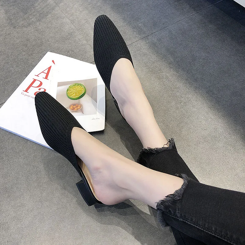 

Ladies baotou slippers 2019 spring and summer Korean version Wild knit mesh face pointed lazy slippers L19