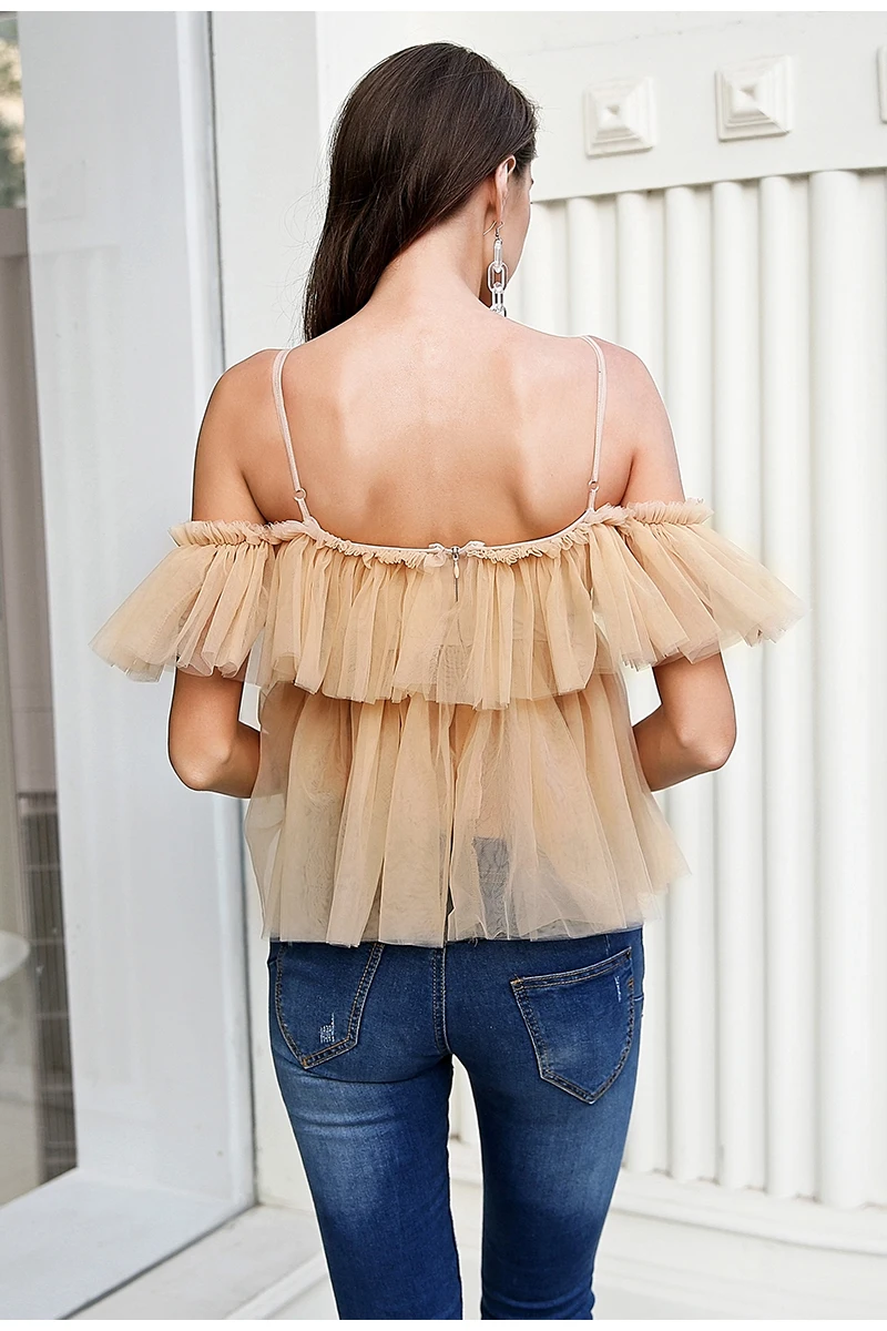 Simplee V neck strap boho mesh blouse shirt women Ruffle short sleeve elegant peplum tops Summer lace up ladies sexy blusas 2019