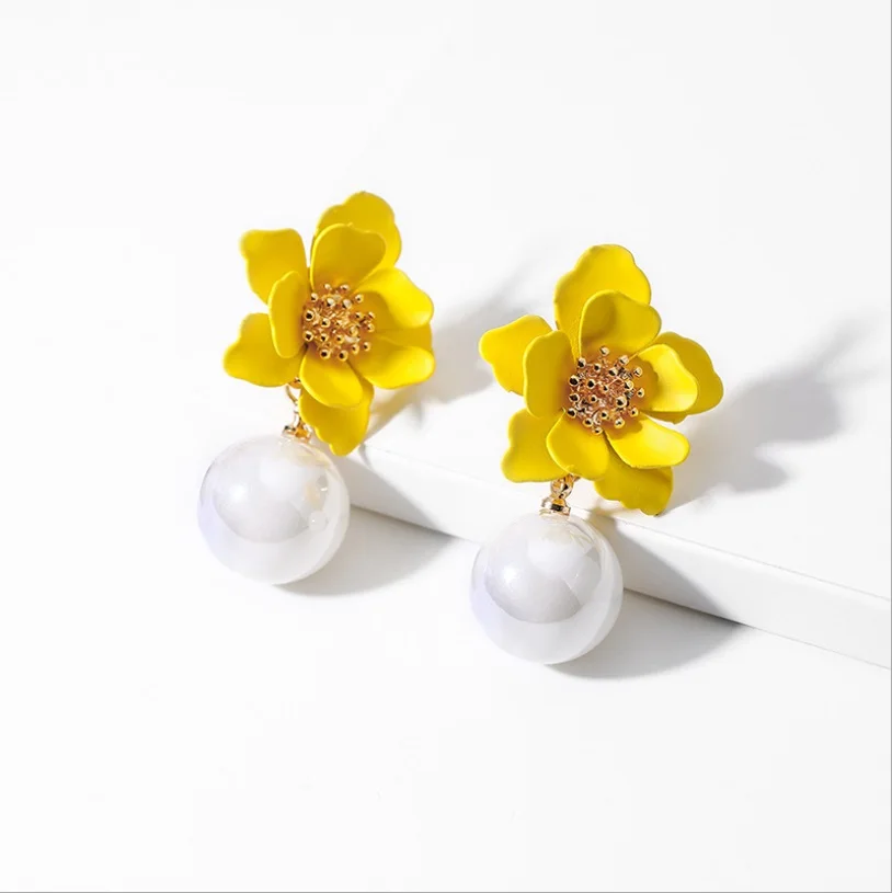 

Fine Flower For Women Girls 2019 Wedding Party Jewelry Yellow Boho Korean Simulated Pearl Pendant Earrings Bijoux