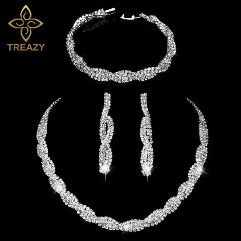 

Sparkling Silver Color Rhinestone Crystal Wedding Jewelry Set Twisty Choker Necklace Earrings Bracelet Set Bridal Jewelry Sets