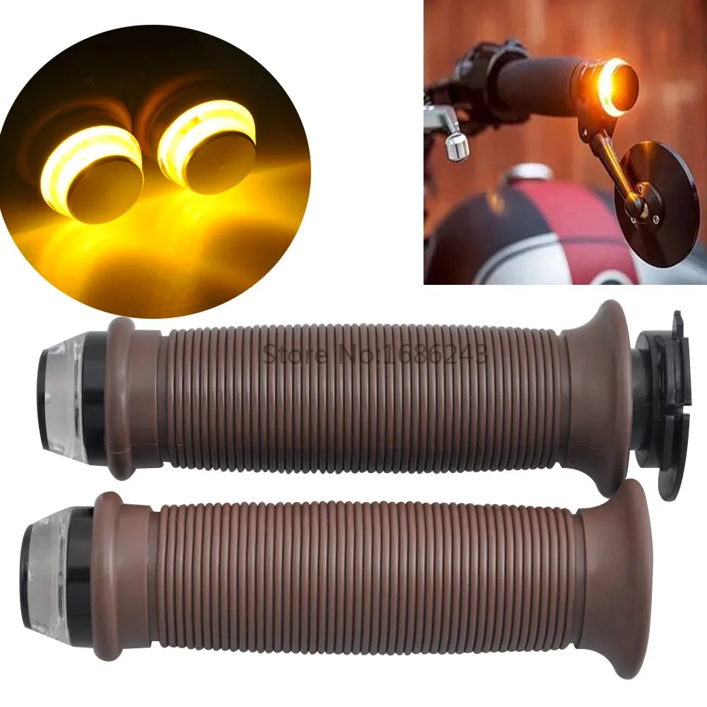 

7/8'' Motorcycle Handlebar End LED Turn Signal Light + Brown Handle Grips Dual Light Universal for 22MM Street & Racing Moto