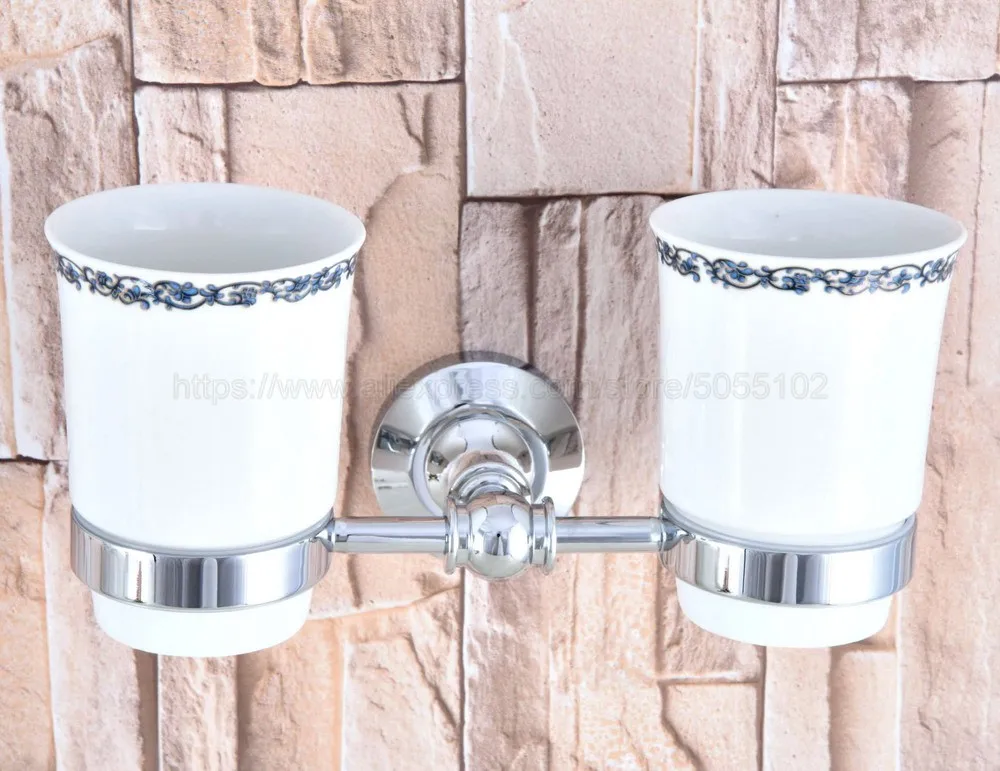 

Polished Chrome Wall Mounted Double Toothbrush Holders With 2 Creamic Cups Tooth Cup Holders For Bathroom Accessories zba796