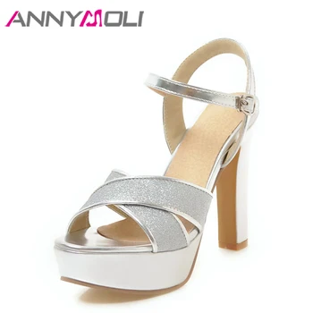 

ANNYMOLI High Platform Women Sandals 2018 Summer Spike Heels Ladies Footwear Silver Fashion Party Shoes Bridal Big Size 34-43