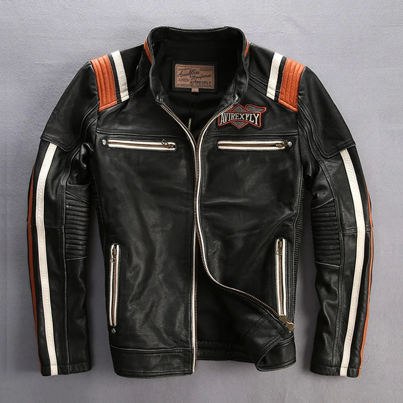 male genuine cow leather motorcycle rider font b jacket b font vintage stand collar embroidery leather