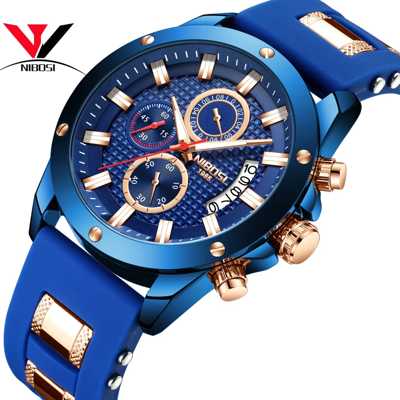 

NIBOSI Chronograph Watch Men Sport Quartz Clock Mens Watches Top Brand Luxury Silicone Strap Casual Military Watch Male Blue