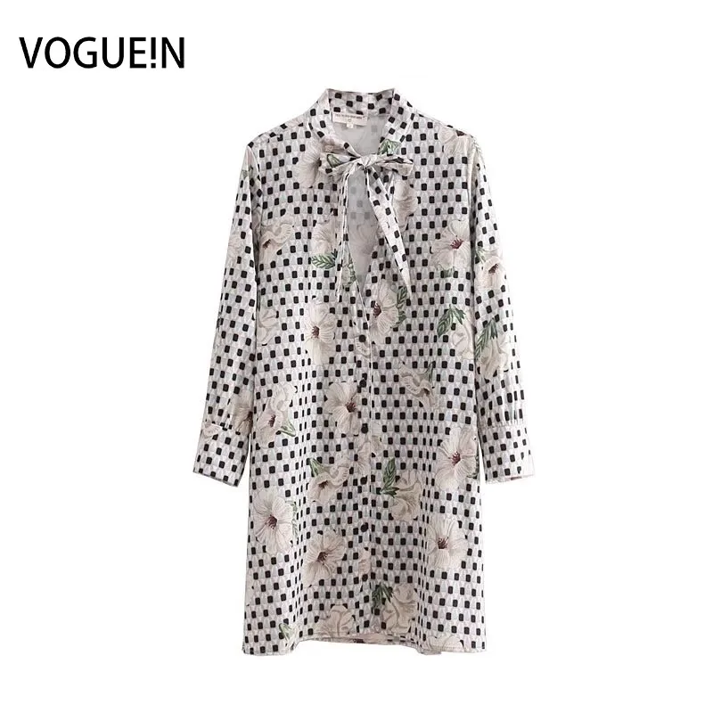 

VOGUEIN New Womens Geometric Floral Print V-Neck Long Sleeve Bow Tie Mini Dress Wholesale