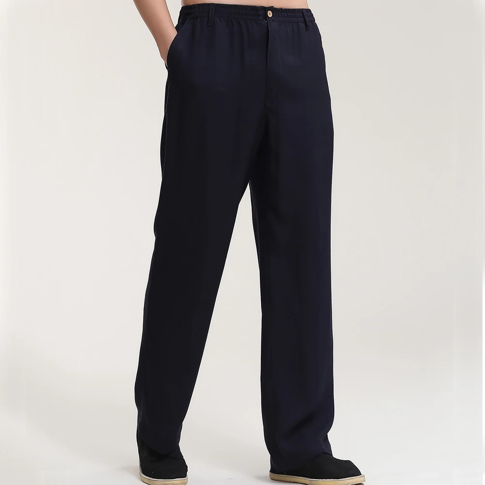 Black Mid Waist Men Straight Pants Chinese Style Cotton Linen Kung Fu Trousers Broadcloth 